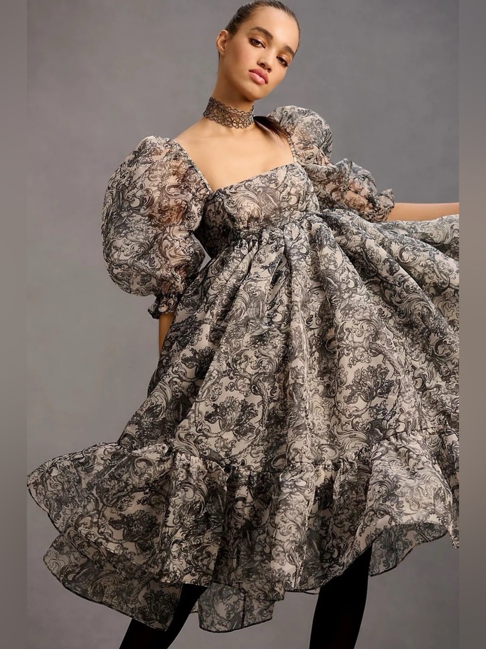 Selkie French Puff Dress Victorian Damask Organza NWT
